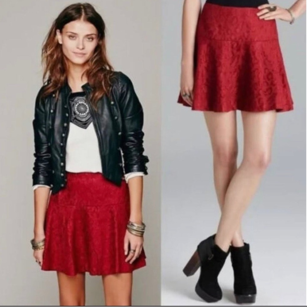 Free People Red Chenille Cheetah Skirt, Size (8) - Picture 1 of 7